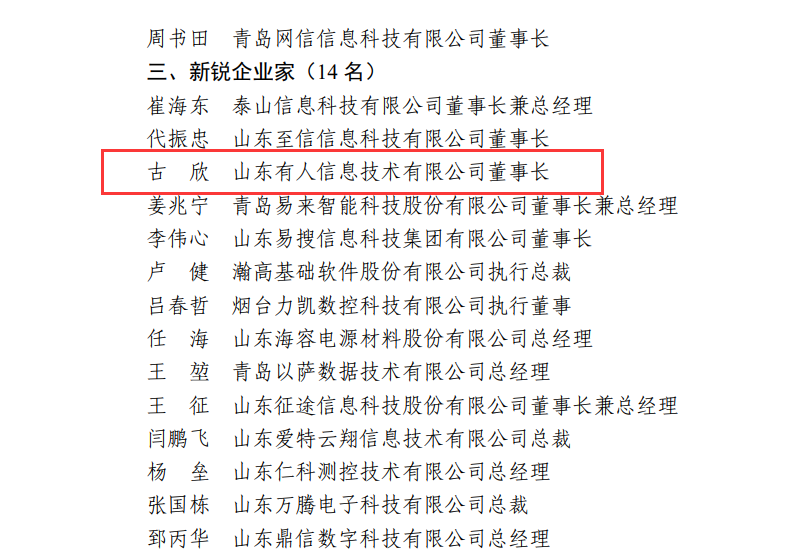 lehu乐虎官网网CEO古欣荣获“山东省电子信息行业优秀企业家”称号
